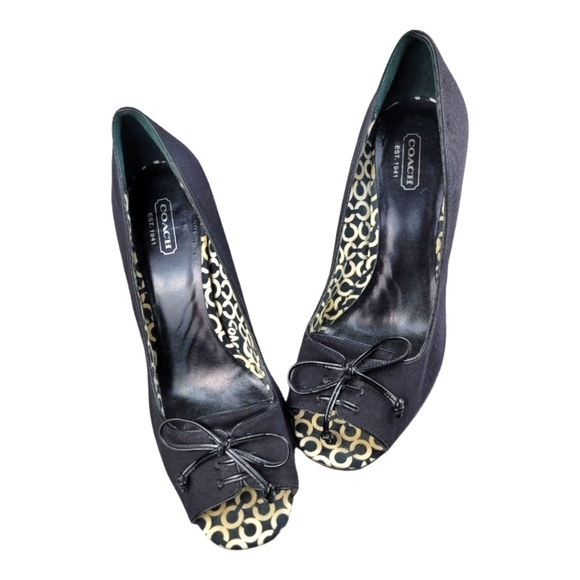 Coach "COREY" Peeptoe Cotton Twill Block Heel Pumps with front‎ top Bow - Picture 8 of 8